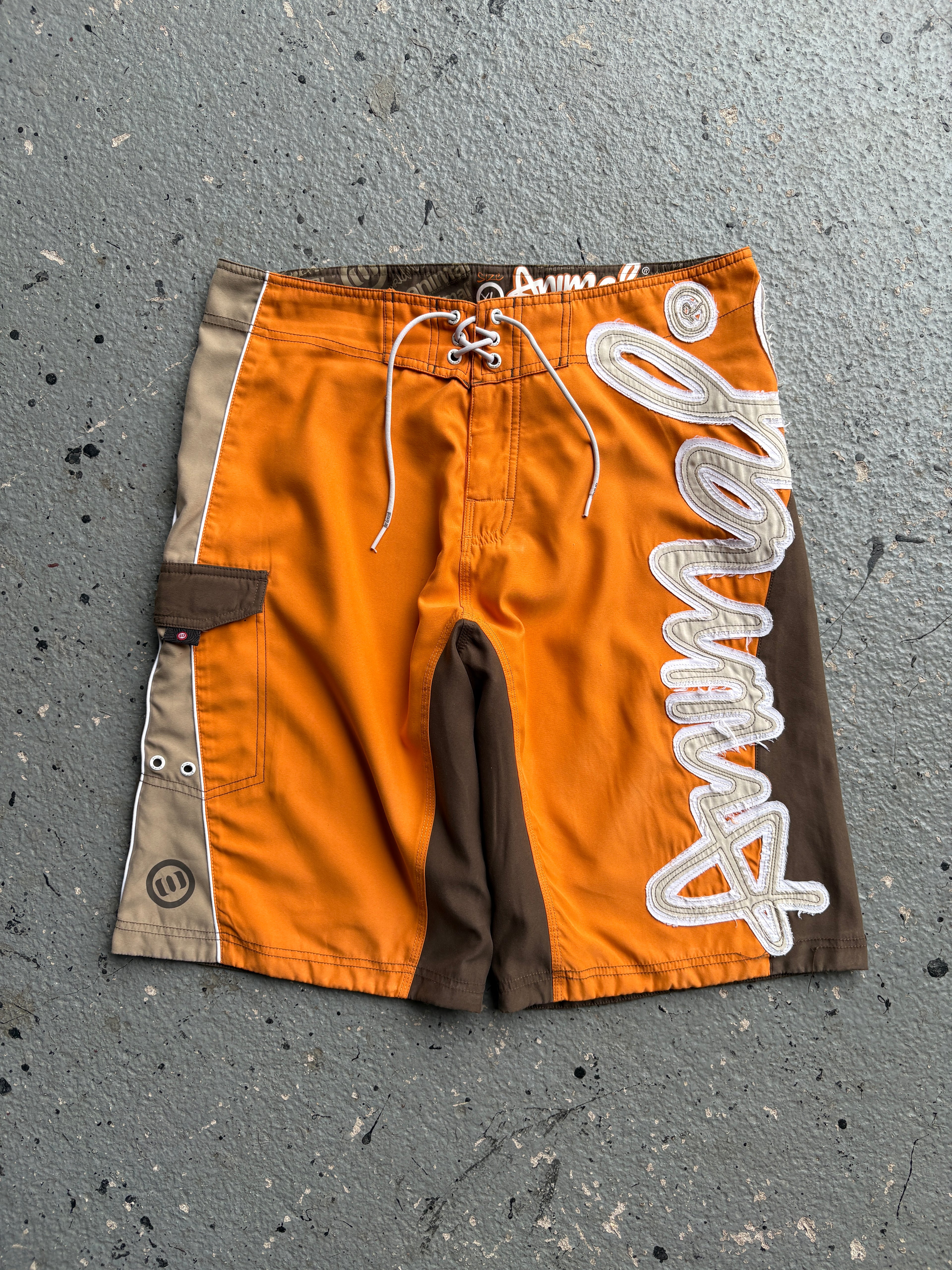 2000s Animal Boardshorts Orange / Brown / White Spellout